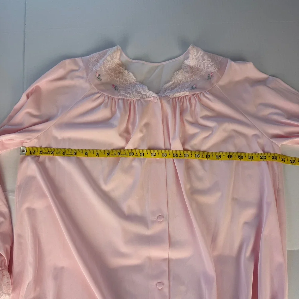Shadowline‎ Vintage Pink Lace Embroidered Button Front Peignoir Robe Large USA